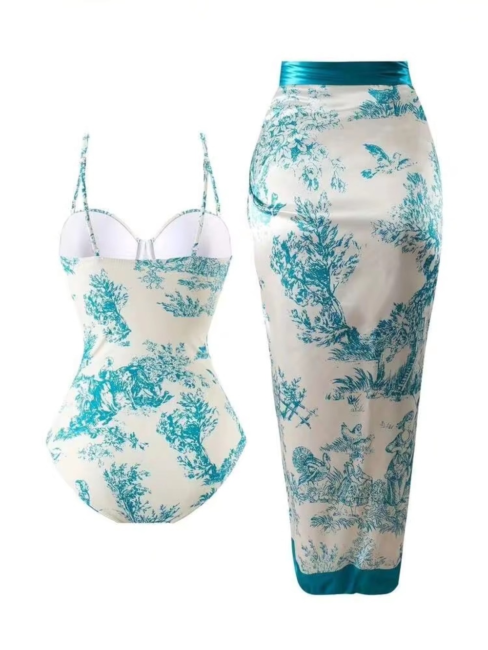 Scenic Print One Piece Bikini With Bottom Coverall Skirt - Picture 2 of 4